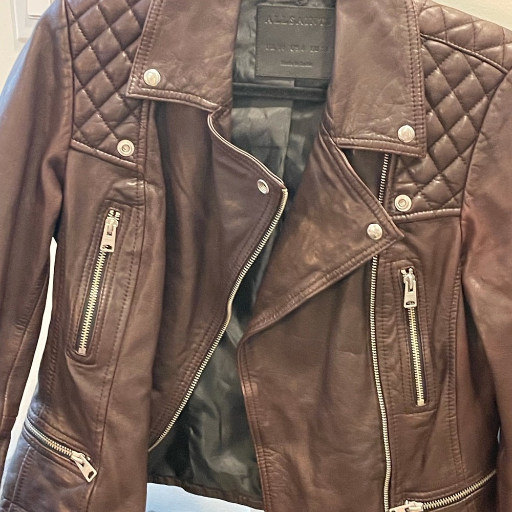 All Saints oxblood Quilted Leather Moto Jacket